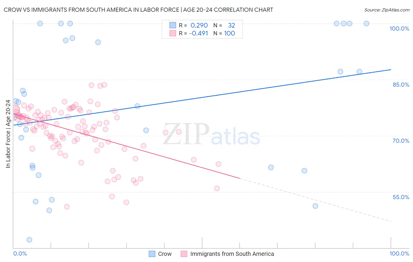 Crow vs Immigrants from South America In Labor Force | Age 20-24