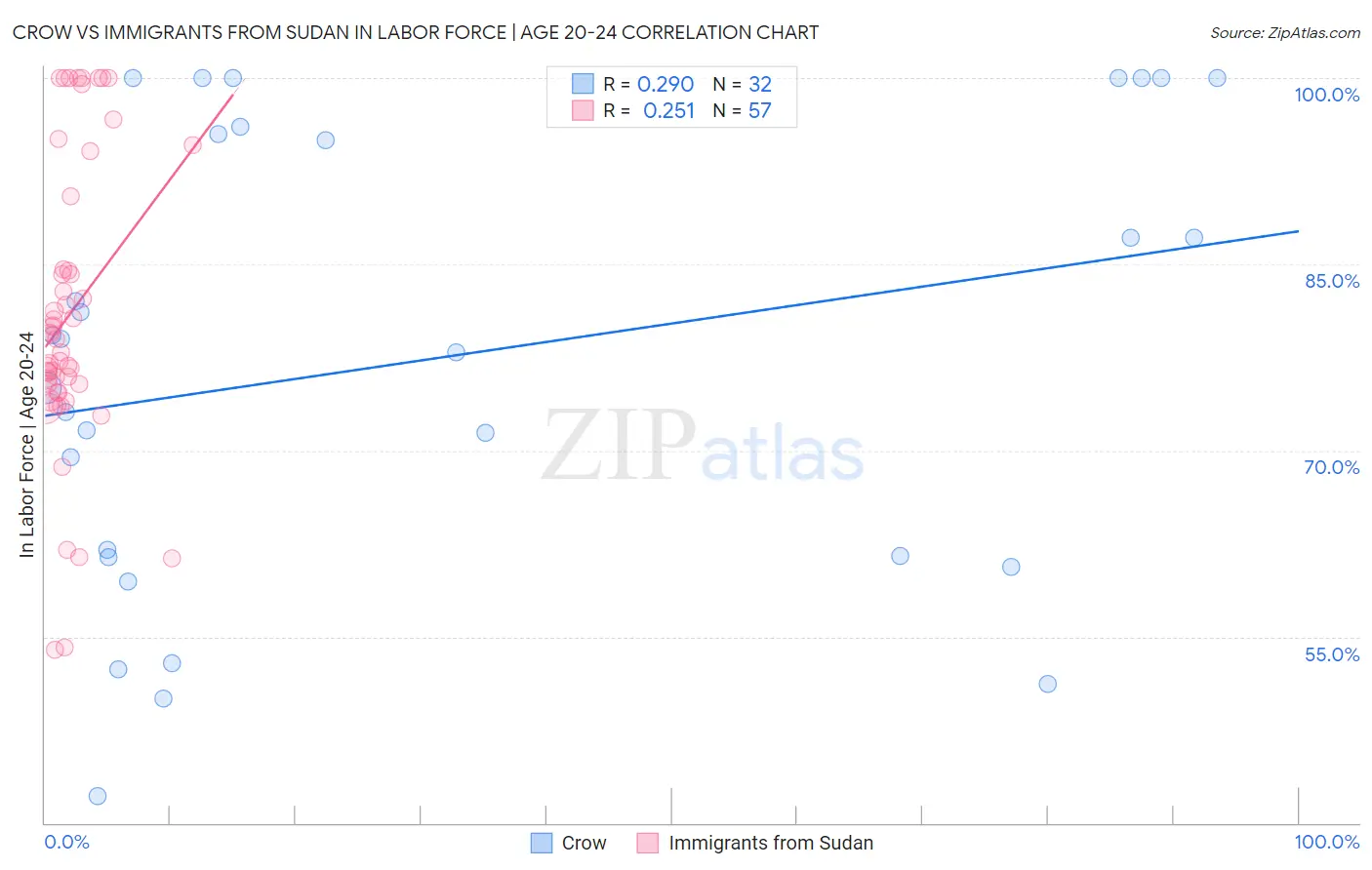 Crow vs Immigrants from Sudan In Labor Force | Age 20-24