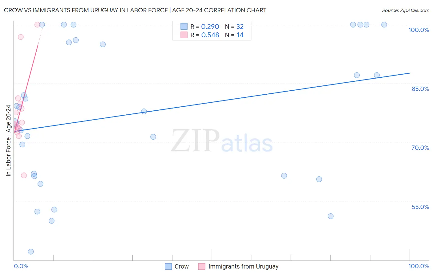 Crow vs Immigrants from Uruguay In Labor Force | Age 20-24