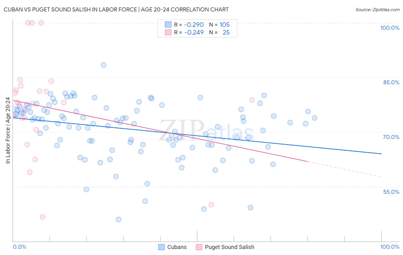 Cuban vs Puget Sound Salish In Labor Force | Age 20-24