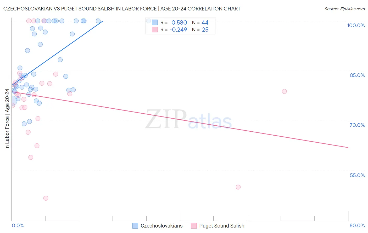 Czechoslovakian vs Puget Sound Salish In Labor Force | Age 20-24