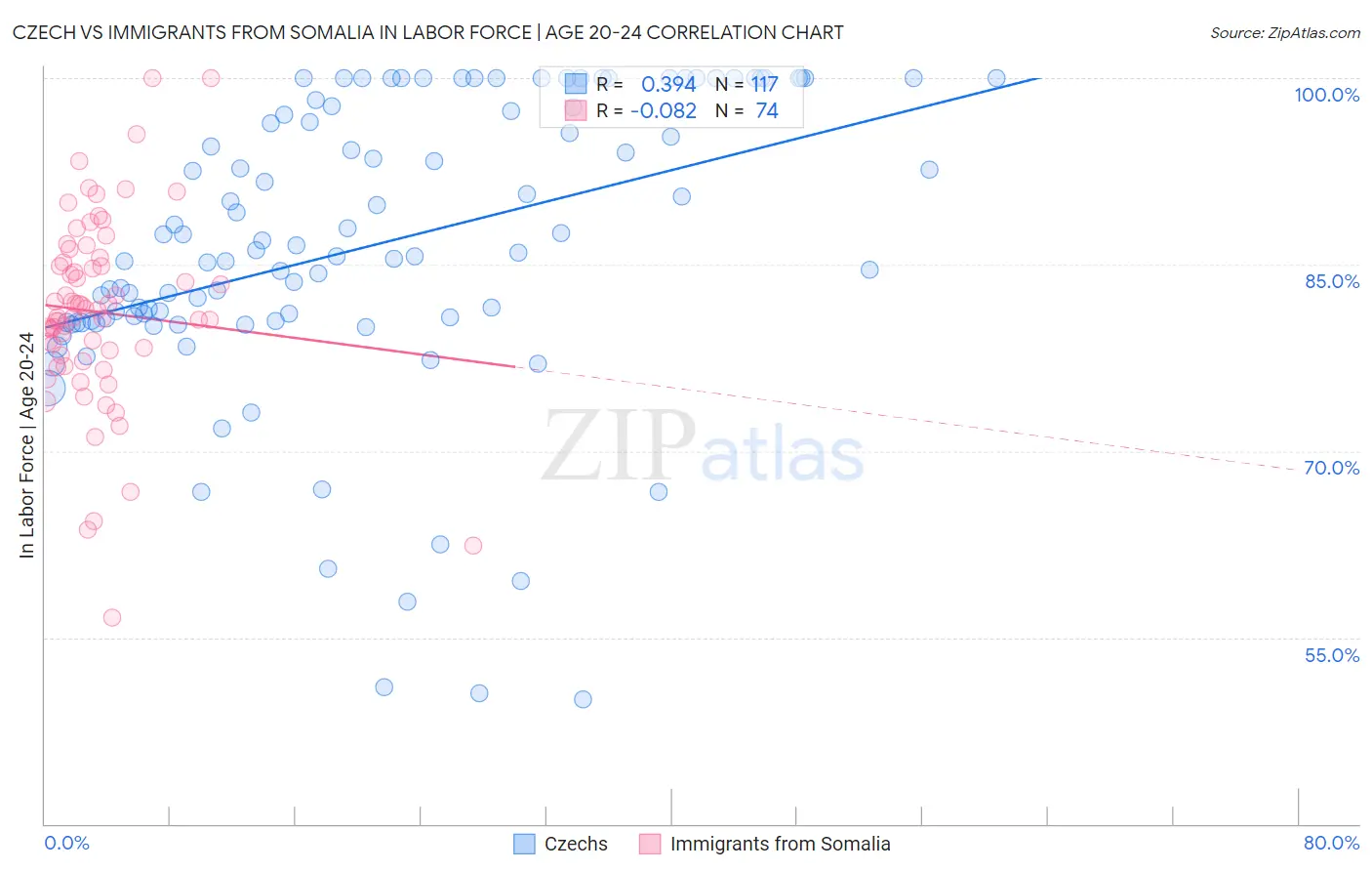 Czech vs Immigrants from Somalia In Labor Force | Age 20-24