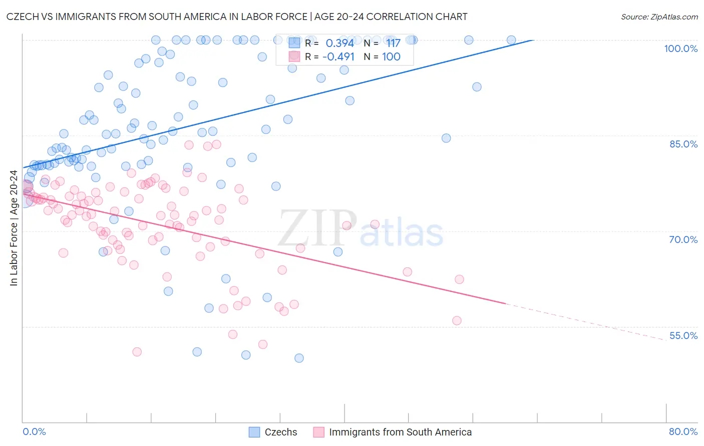 Czech vs Immigrants from South America In Labor Force | Age 20-24