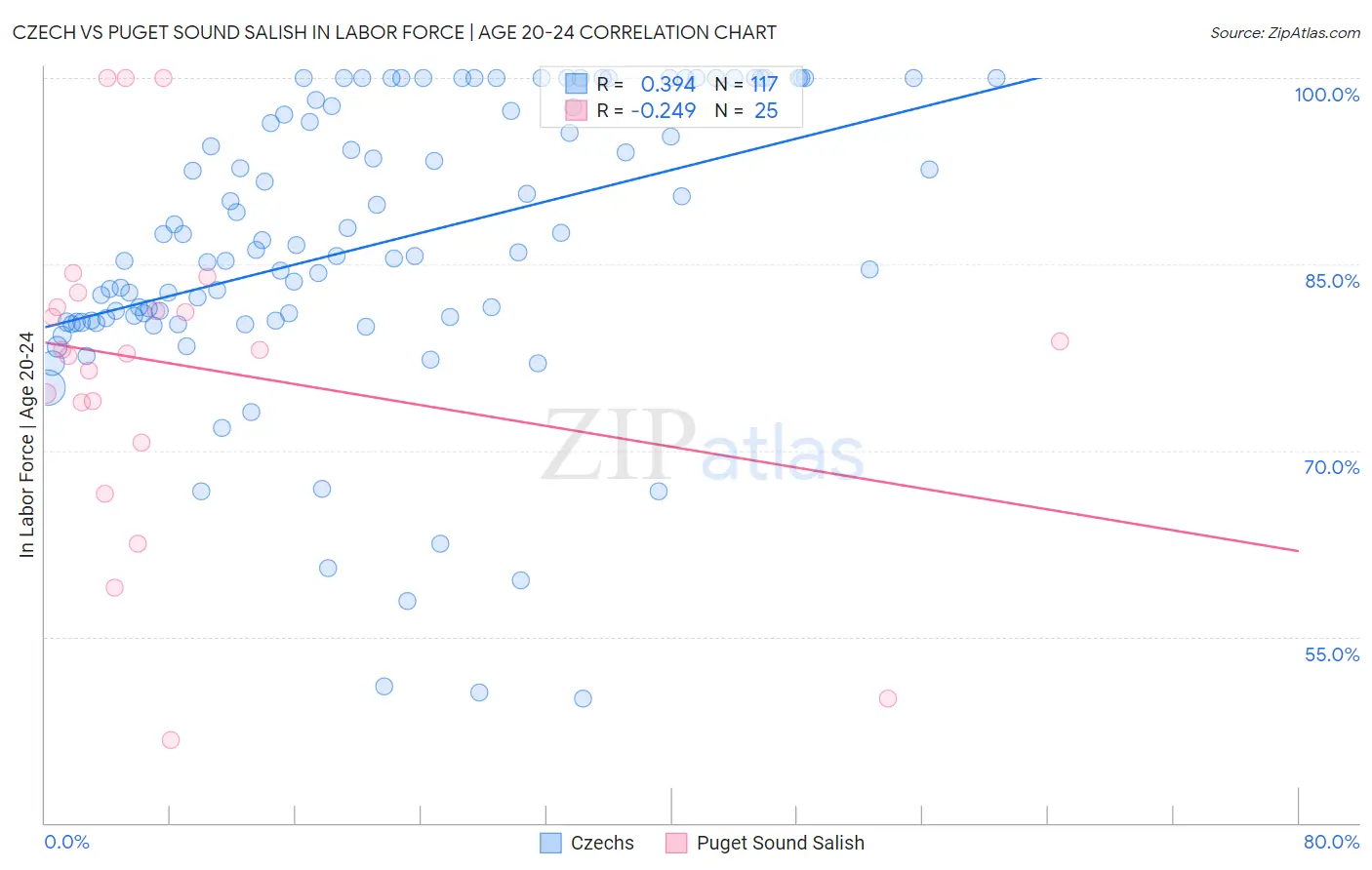 Czech vs Puget Sound Salish In Labor Force | Age 20-24