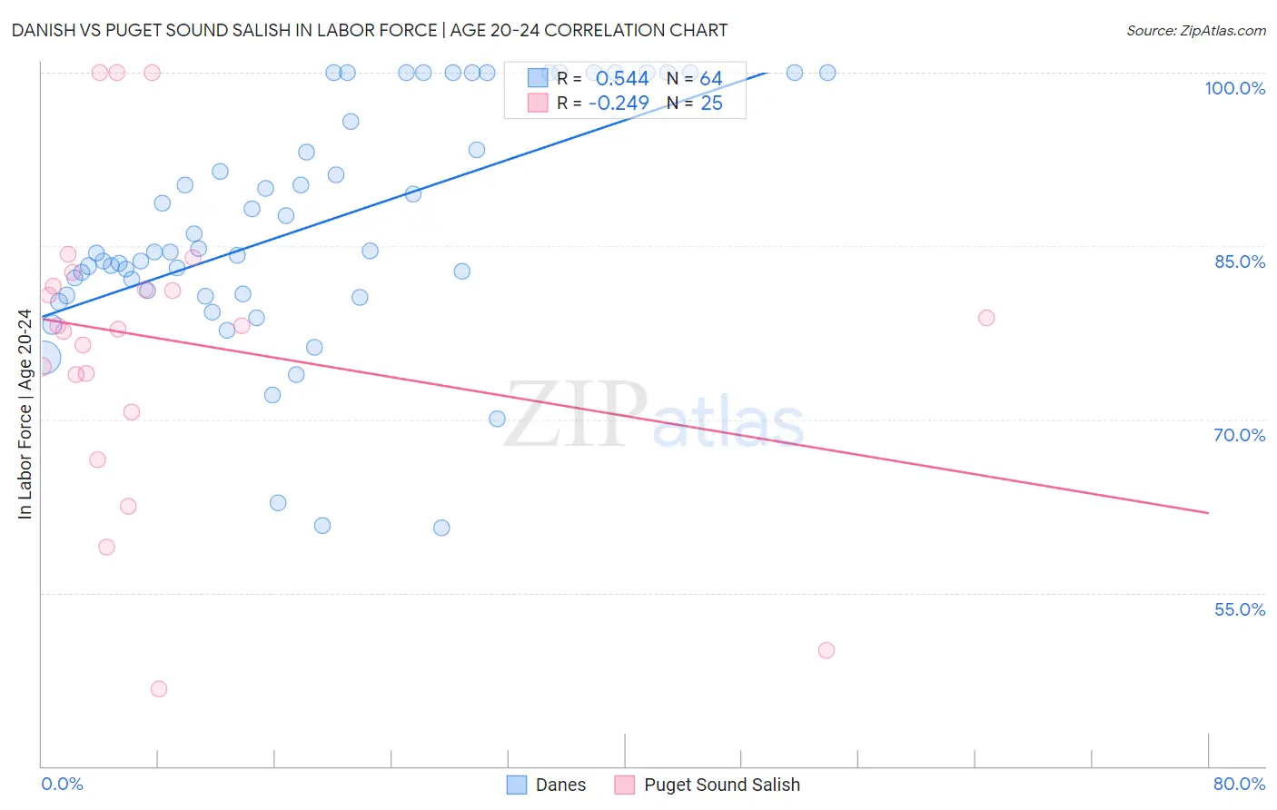 Danish vs Puget Sound Salish In Labor Force | Age 20-24