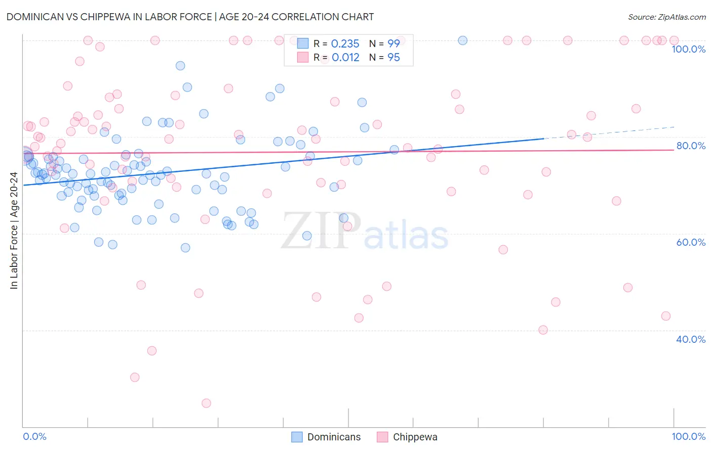 Dominican vs Chippewa In Labor Force | Age 20-24