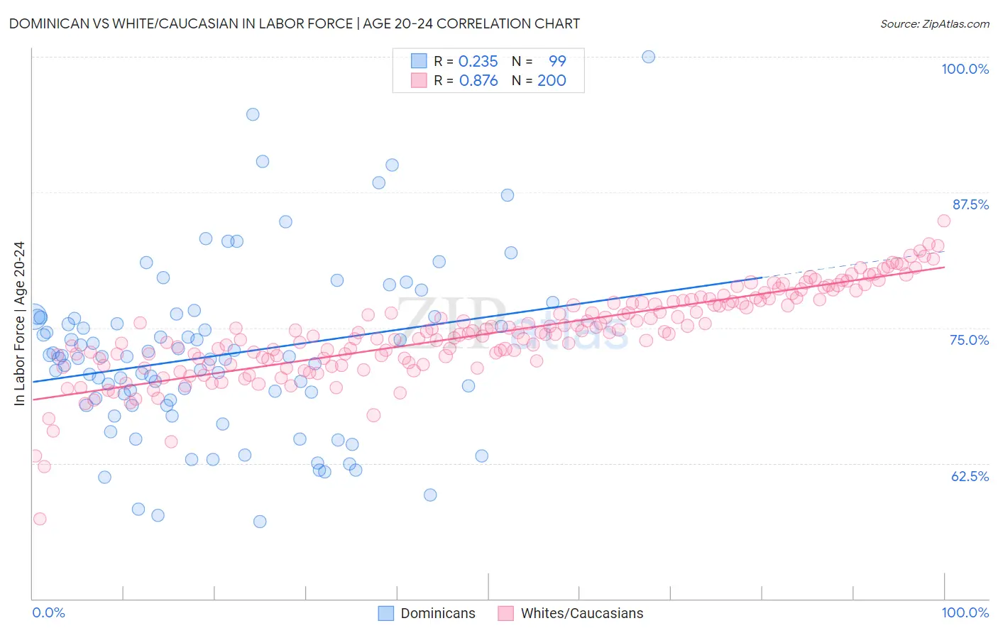 Dominican vs White/Caucasian In Labor Force | Age 20-24
