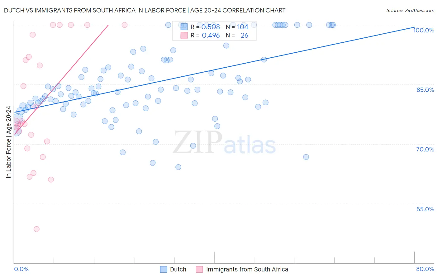 Dutch vs Immigrants from South Africa In Labor Force | Age 20-24