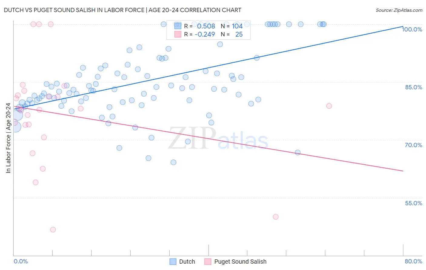 Dutch vs Puget Sound Salish In Labor Force | Age 20-24
