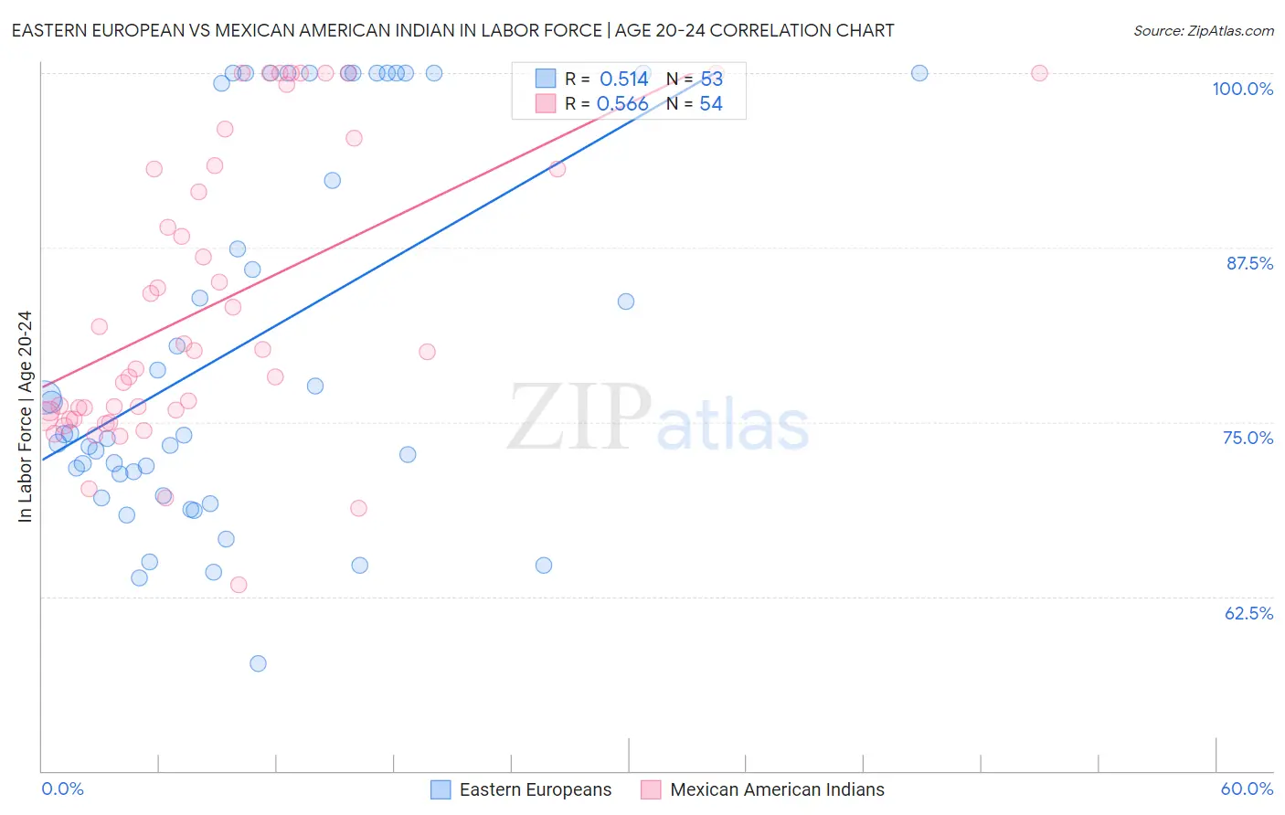 Eastern European vs Mexican American Indian In Labor Force | Age 20-24