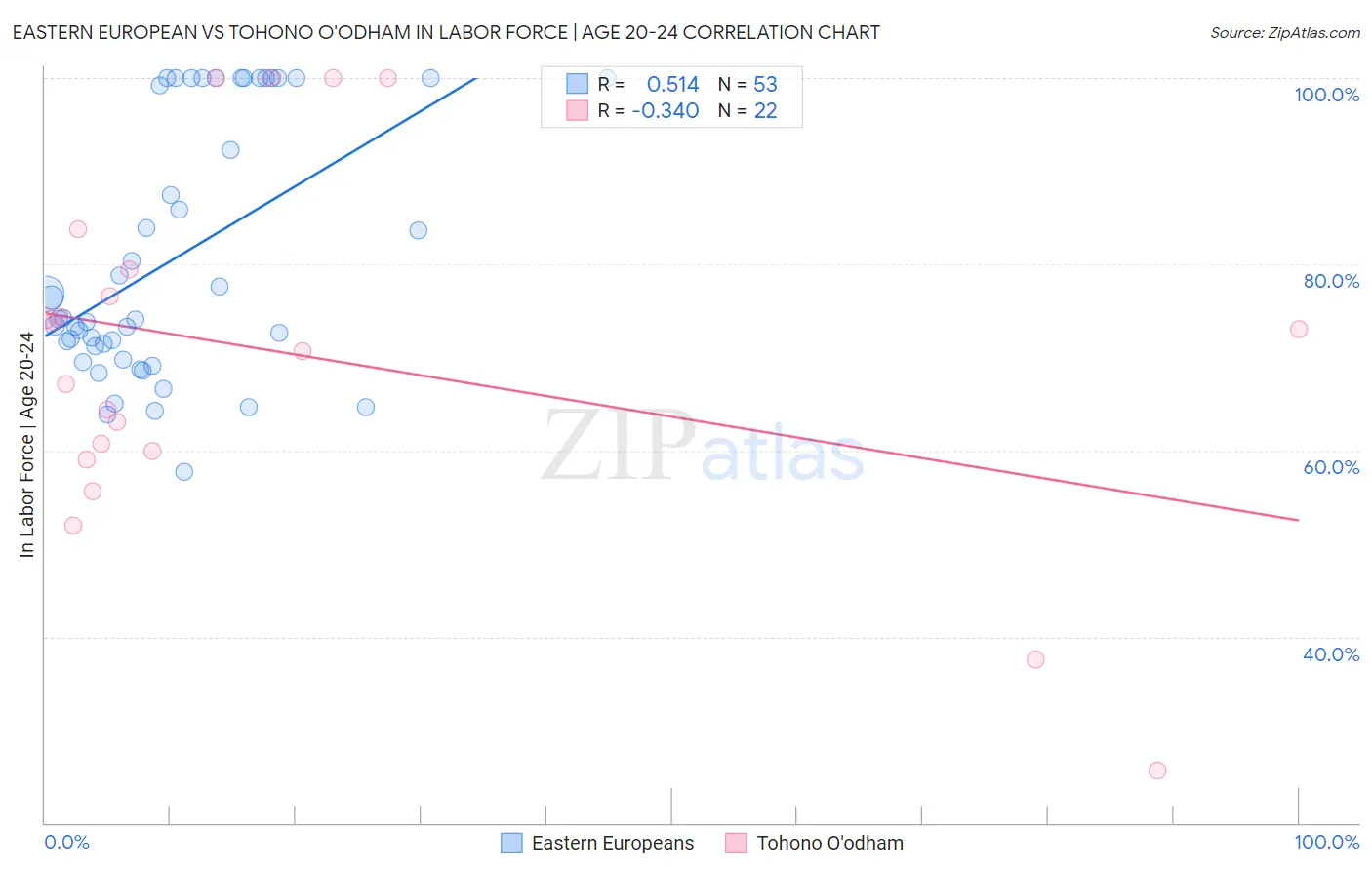 Eastern European vs Tohono O'odham In Labor Force | Age 20-24