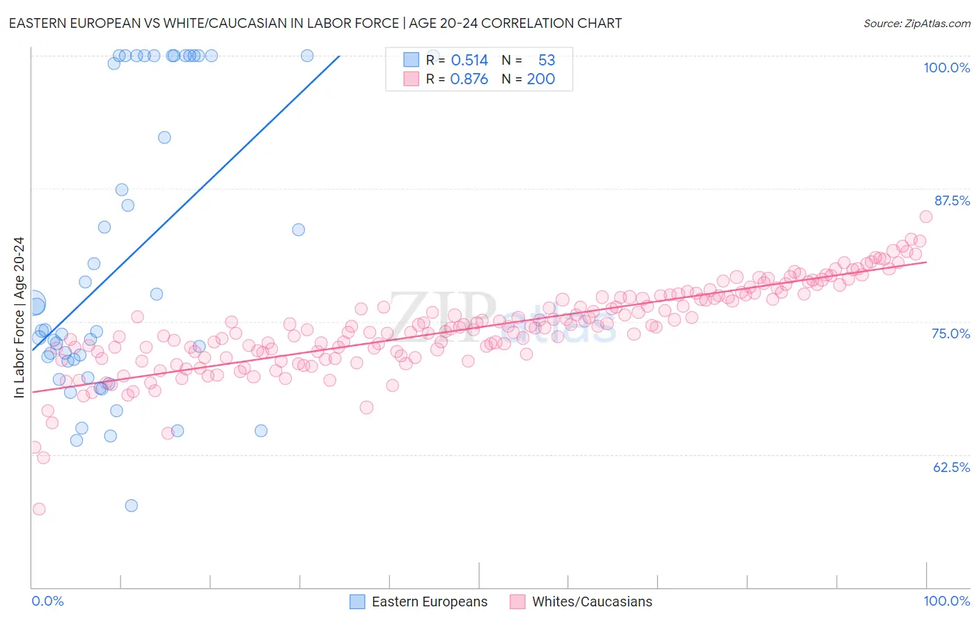 Eastern European vs White/Caucasian In Labor Force | Age 20-24