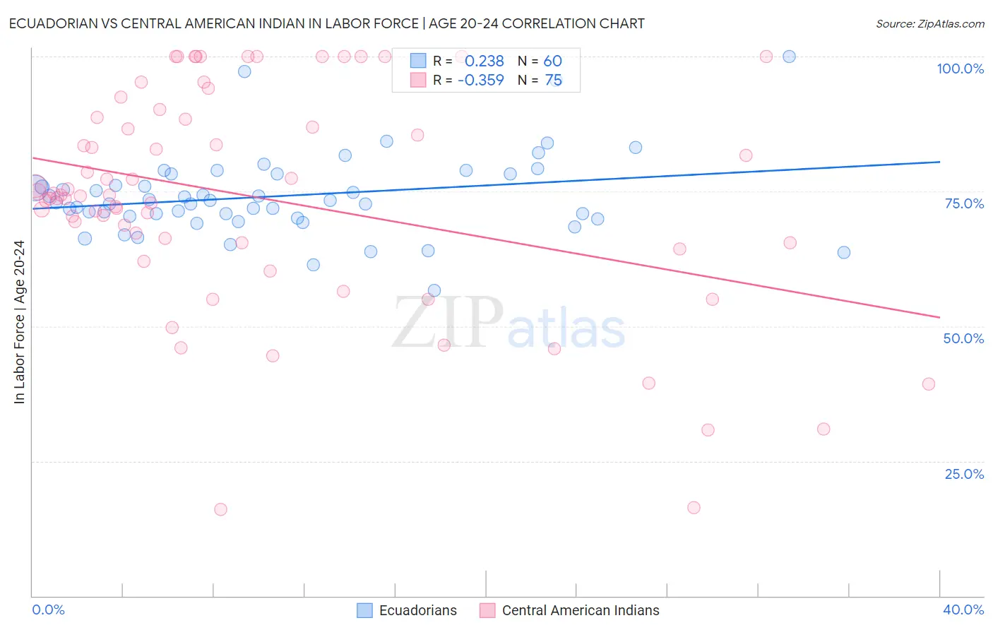 Ecuadorian vs Central American Indian In Labor Force | Age 20-24