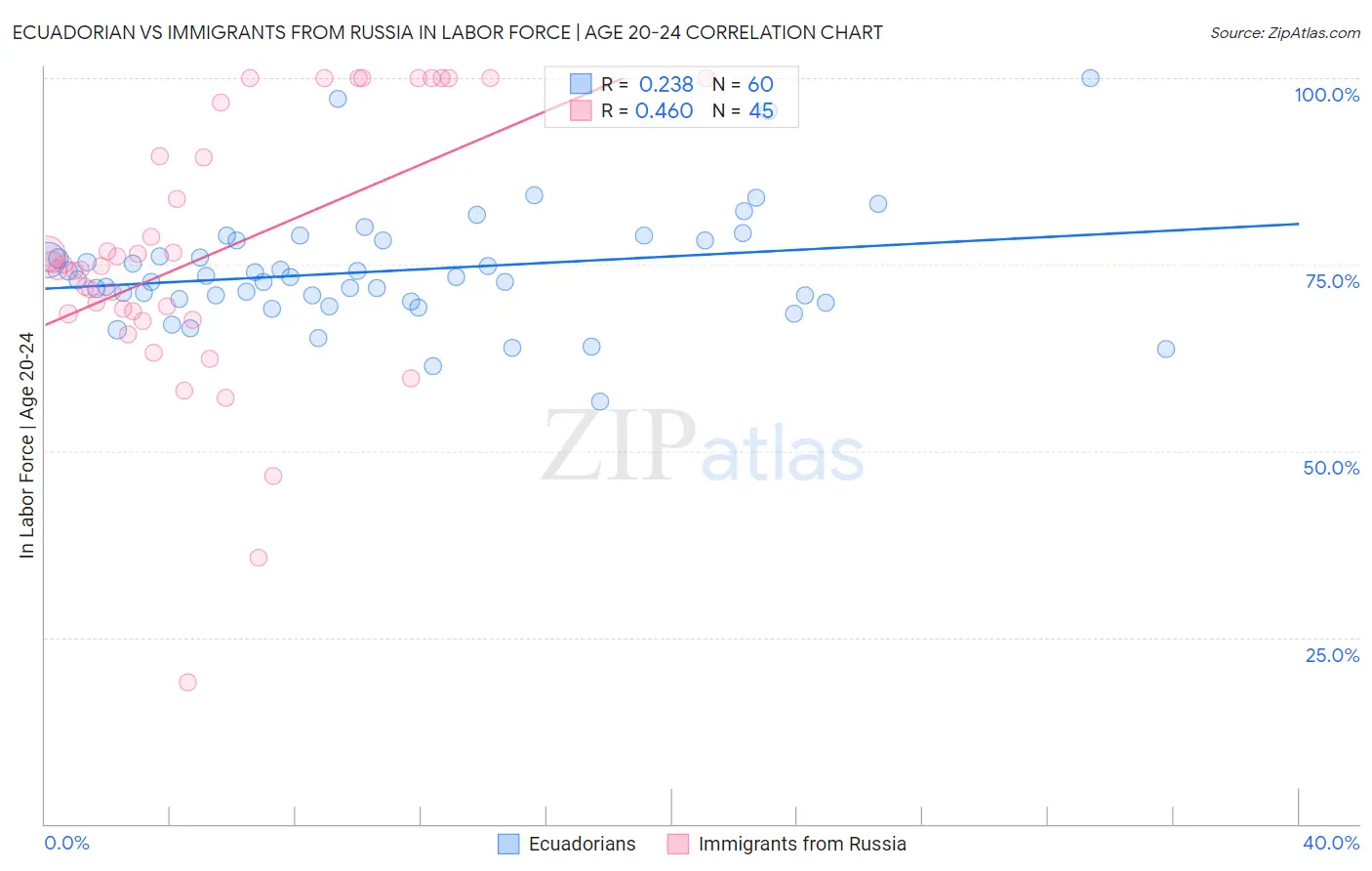 Ecuadorian vs Immigrants from Russia In Labor Force | Age 20-24