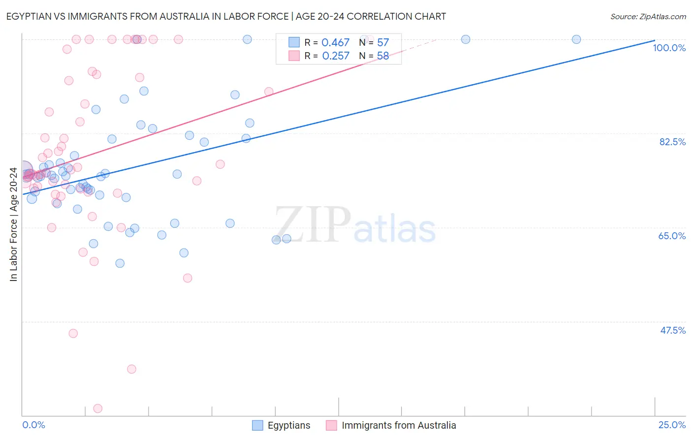 Egyptian vs Immigrants from Australia In Labor Force | Age 20-24