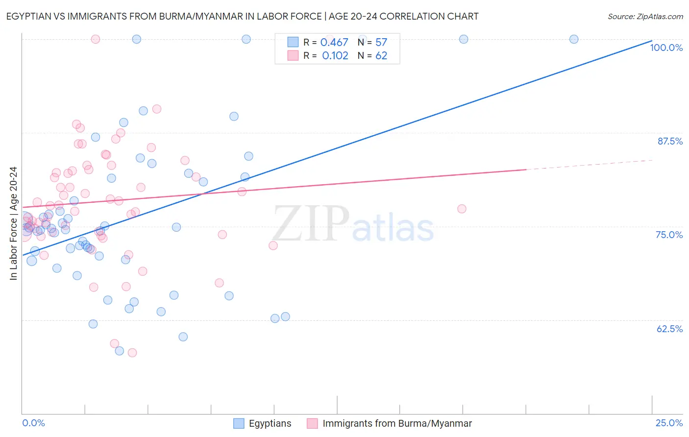 Egyptian vs Immigrants from Burma/Myanmar In Labor Force | Age 20-24