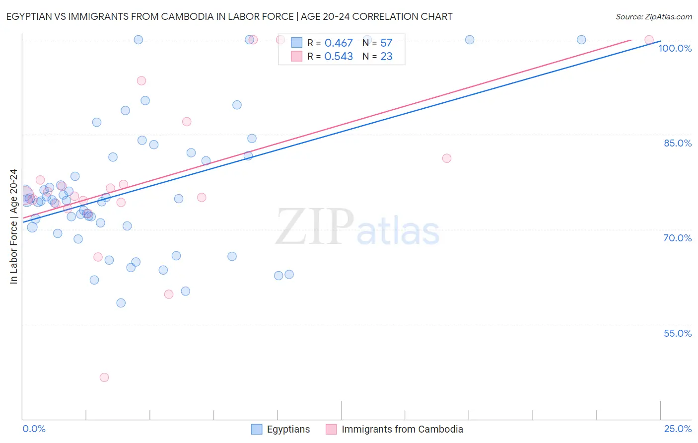 Egyptian vs Immigrants from Cambodia In Labor Force | Age 20-24