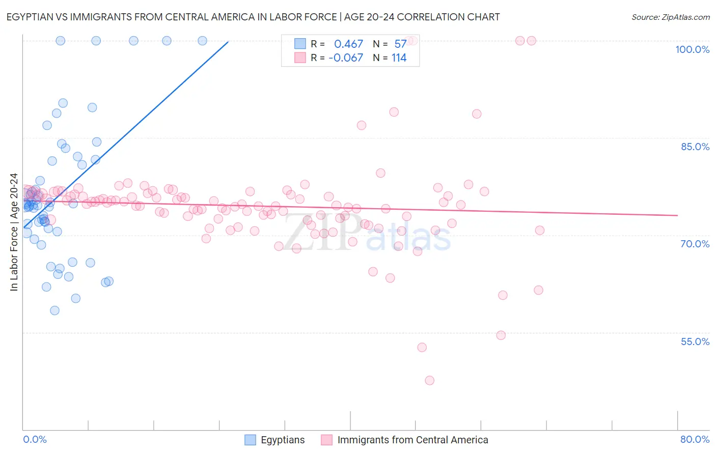 Egyptian vs Immigrants from Central America In Labor Force | Age 20-24