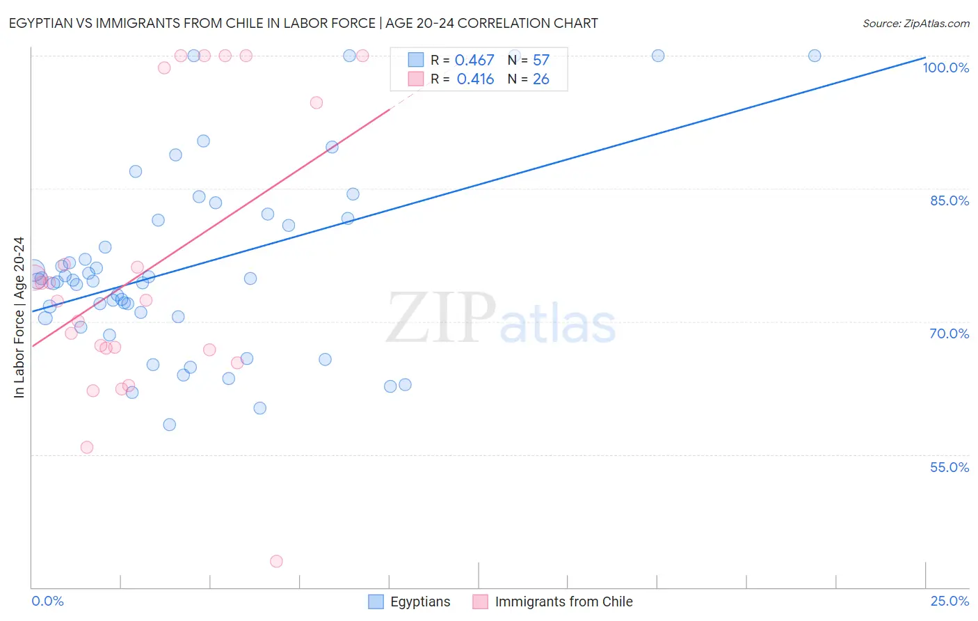 Egyptian vs Immigrants from Chile In Labor Force | Age 20-24