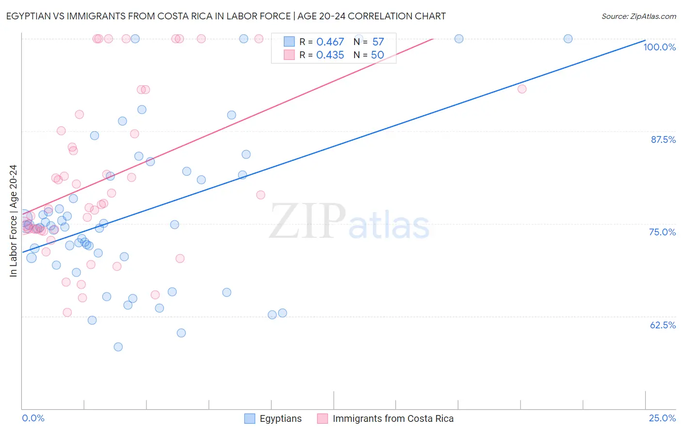 Egyptian vs Immigrants from Costa Rica In Labor Force | Age 20-24