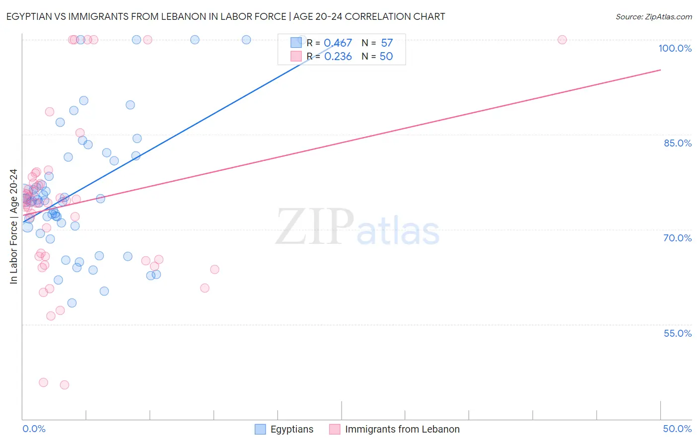 Egyptian vs Immigrants from Lebanon In Labor Force | Age 20-24