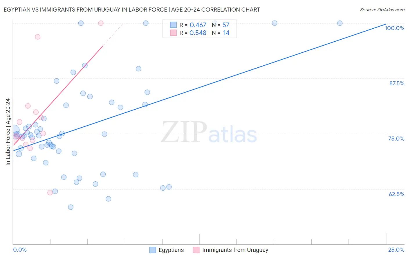 Egyptian vs Immigrants from Uruguay In Labor Force | Age 20-24