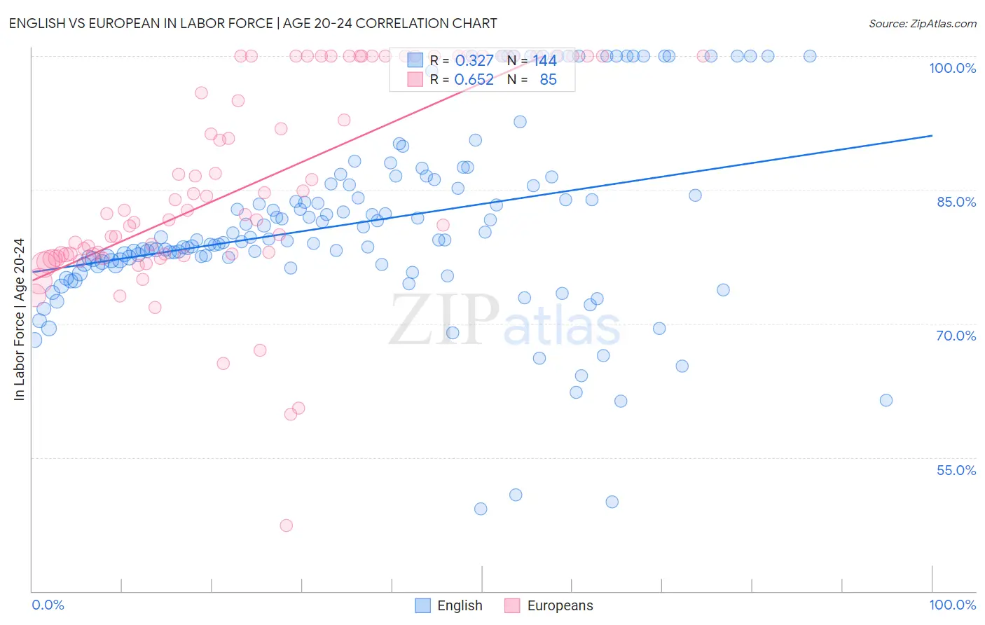 English vs European In Labor Force | Age 20-24