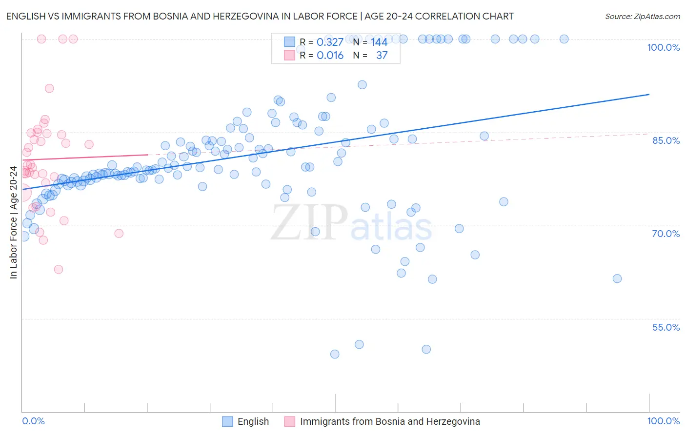 English vs Immigrants from Bosnia and Herzegovina In Labor Force | Age 20-24