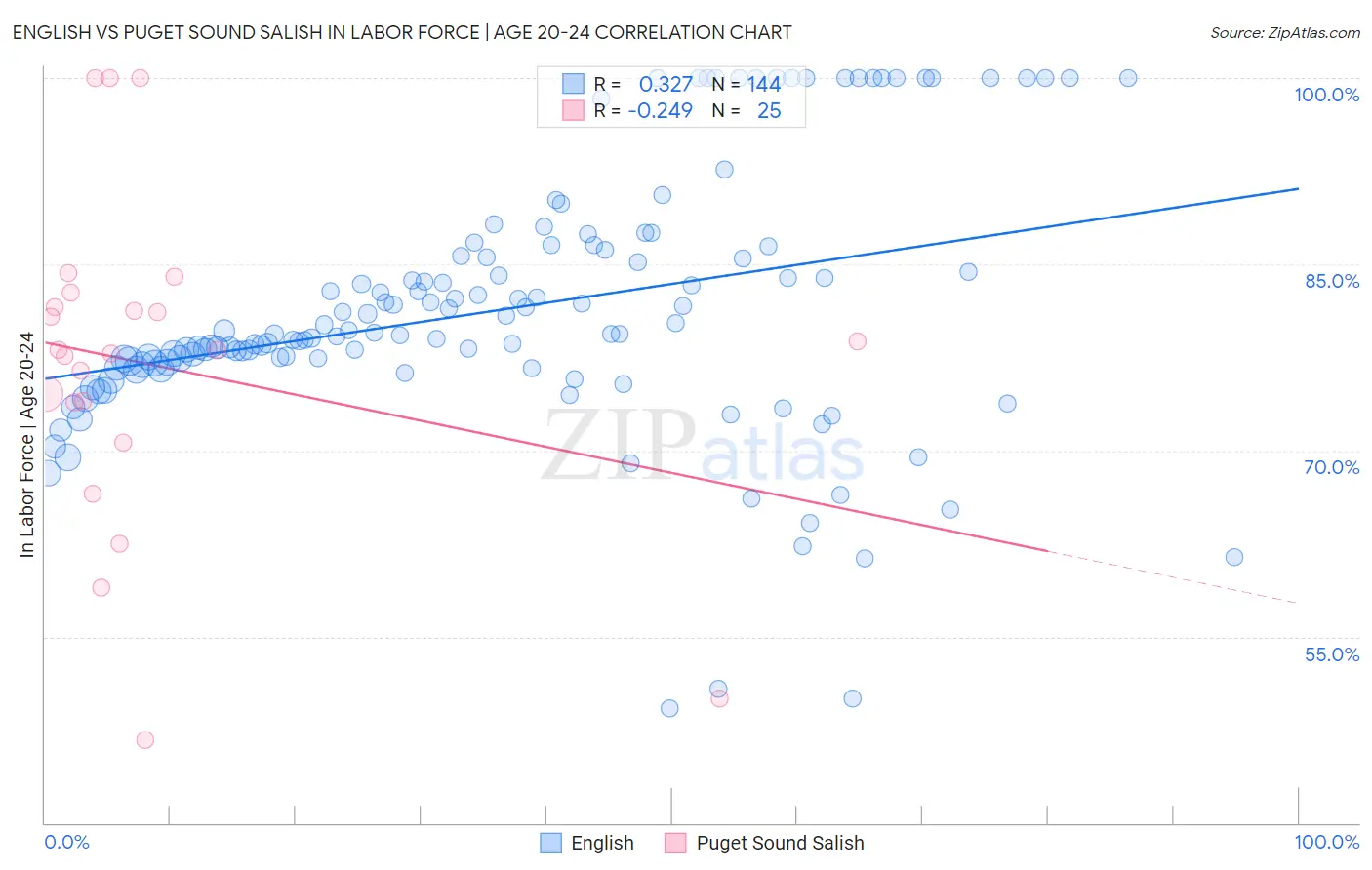 English vs Puget Sound Salish In Labor Force | Age 20-24