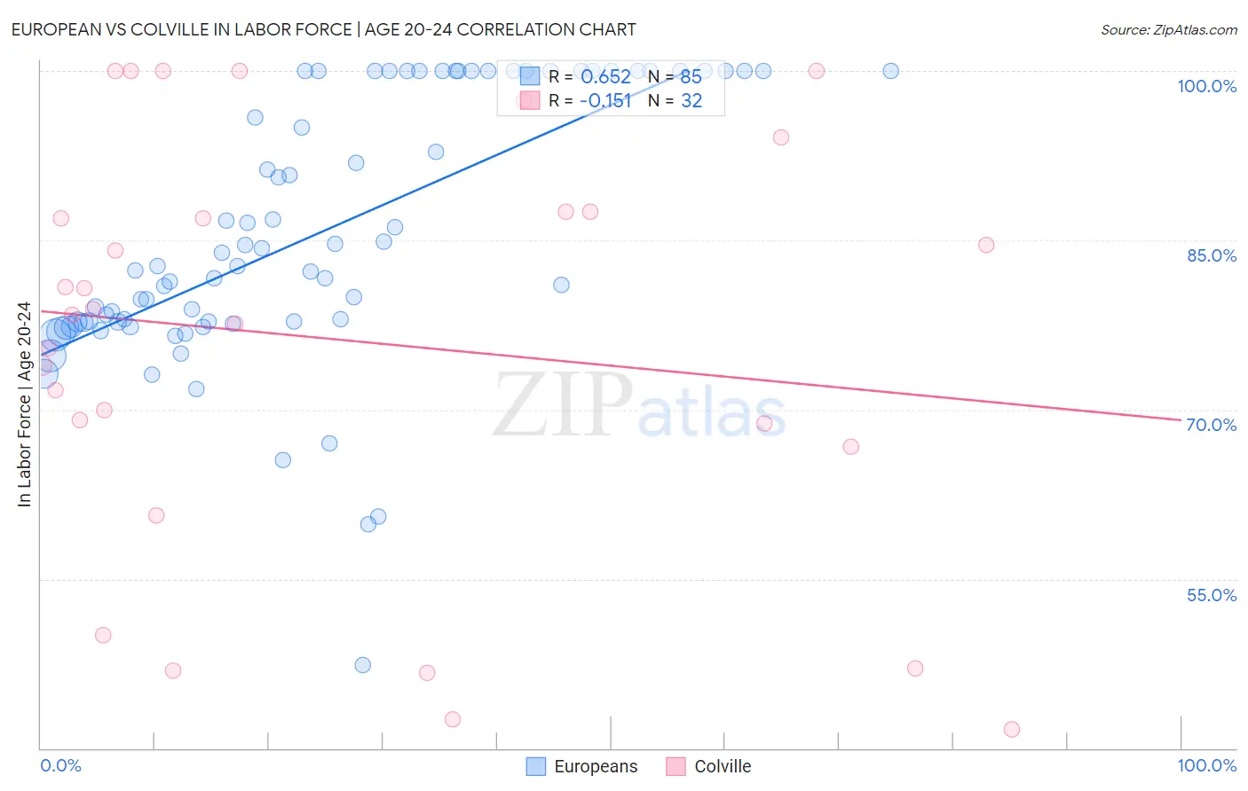 European vs Colville In Labor Force | Age 20-24