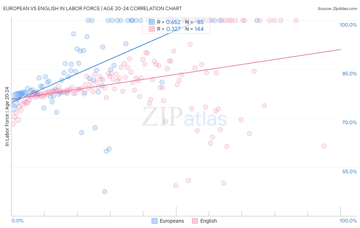 European vs English In Labor Force | Age 20-24