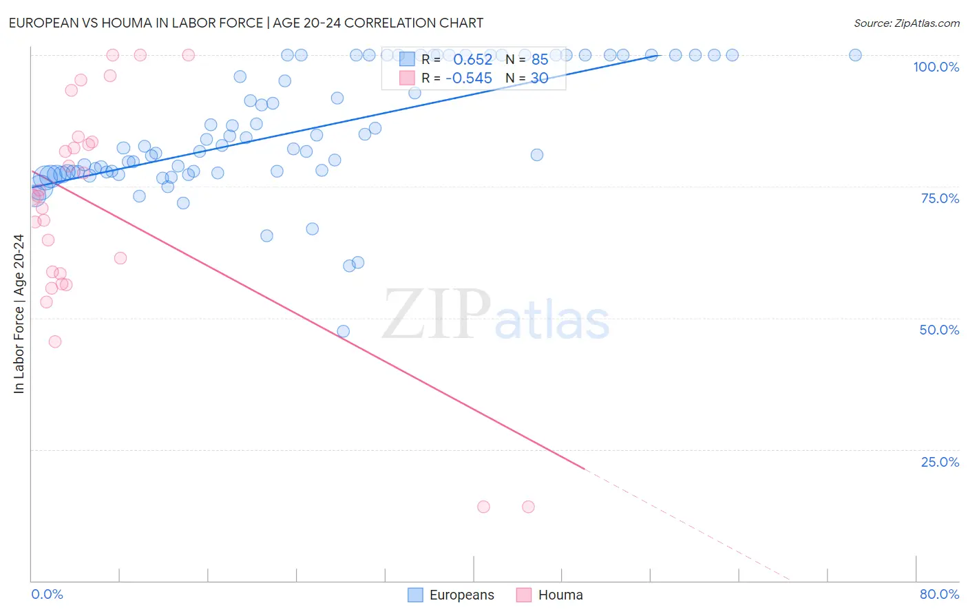 European vs Houma In Labor Force | Age 20-24