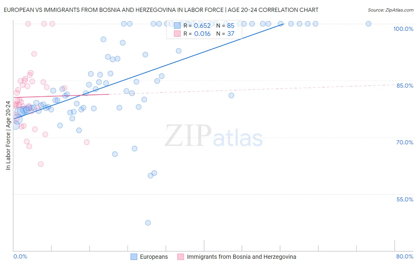 European vs Immigrants from Bosnia and Herzegovina In Labor Force | Age 20-24