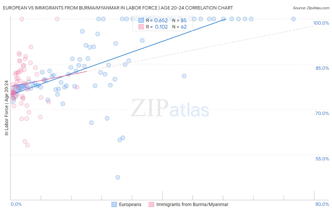 European vs Immigrants from Burma/Myanmar In Labor Force | Age 20-24