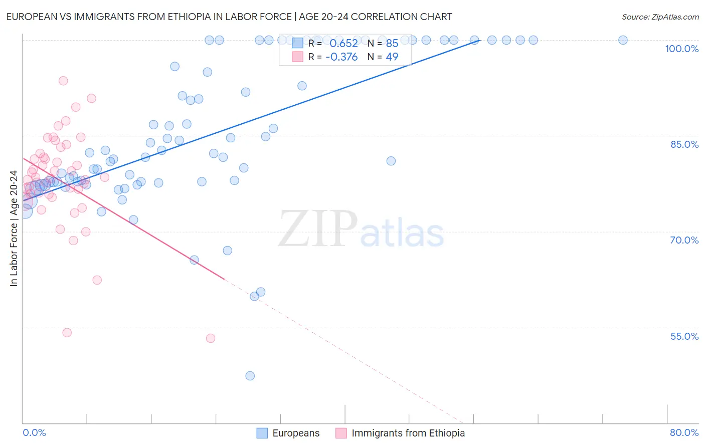 European vs Immigrants from Ethiopia In Labor Force | Age 20-24