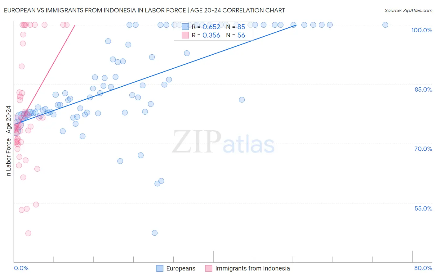 European vs Immigrants from Indonesia In Labor Force | Age 20-24