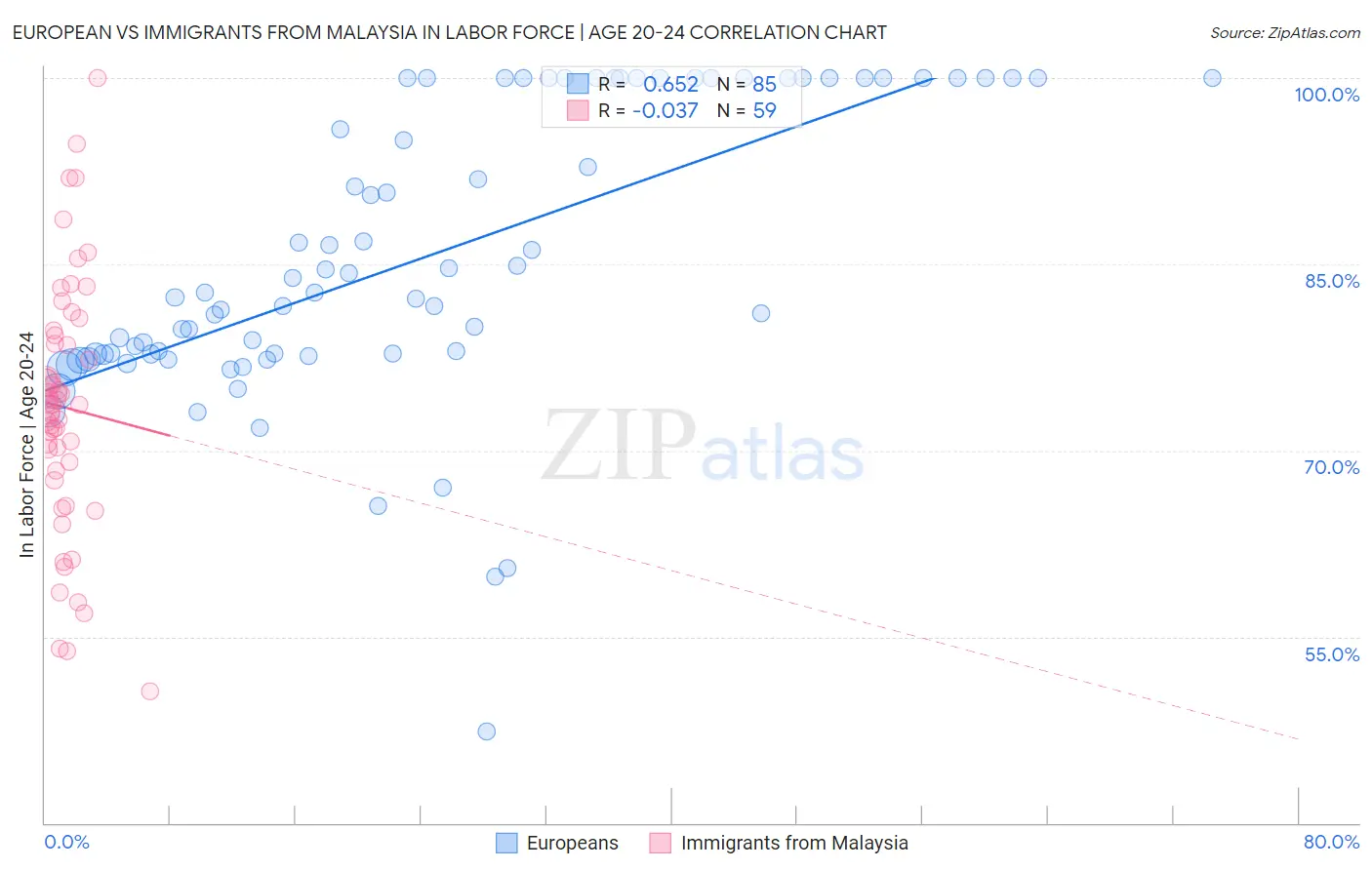 European vs Immigrants from Malaysia In Labor Force | Age 20-24