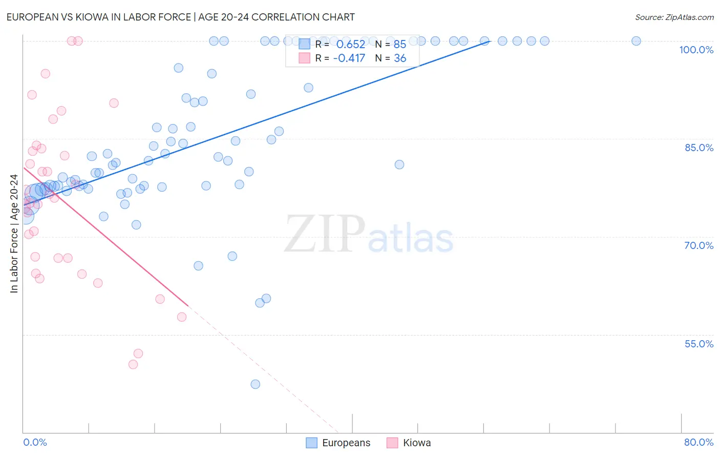 European vs Kiowa In Labor Force | Age 20-24