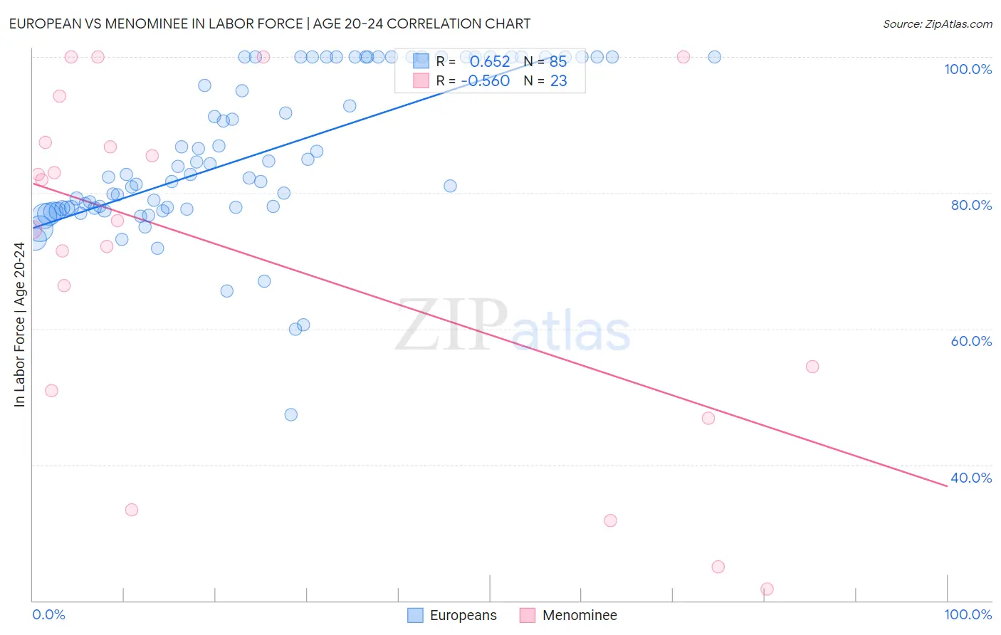 European vs Menominee In Labor Force | Age 20-24