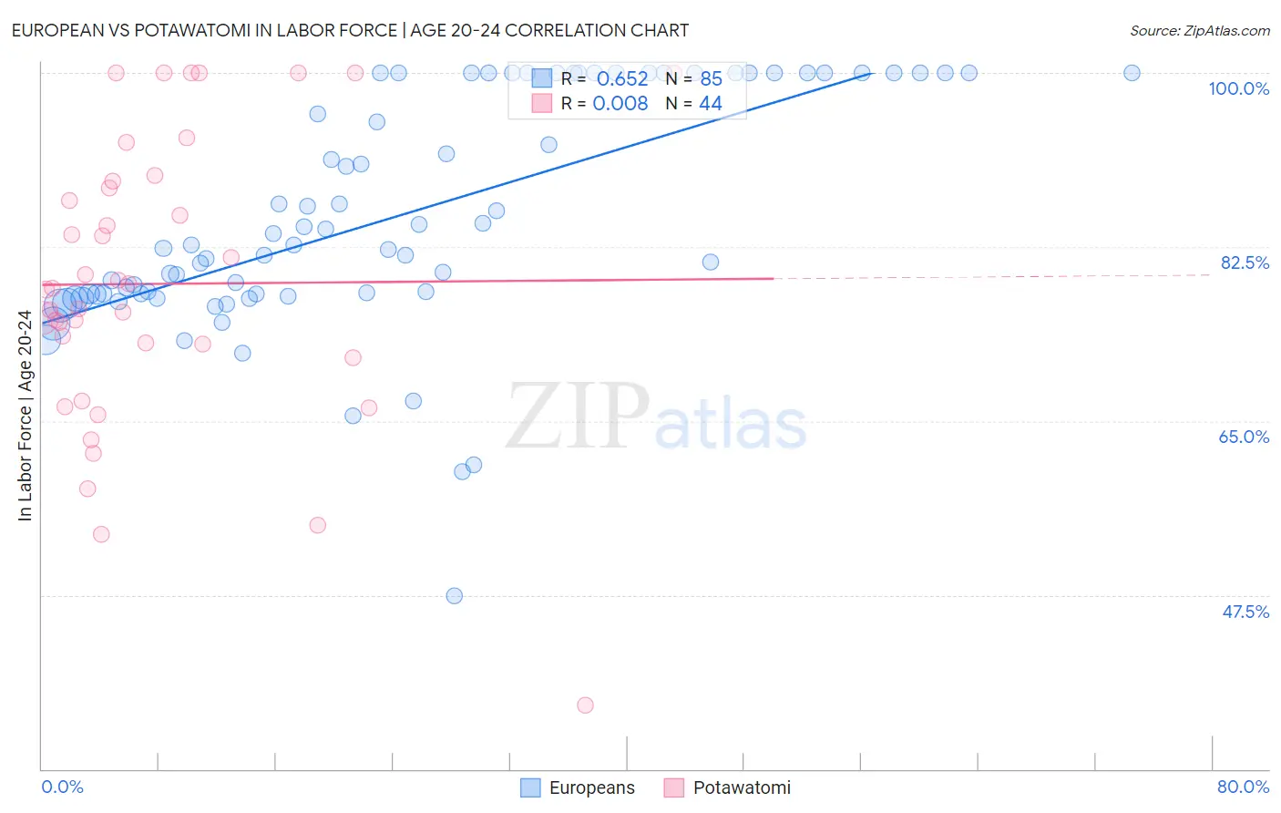 European vs Potawatomi In Labor Force | Age 20-24