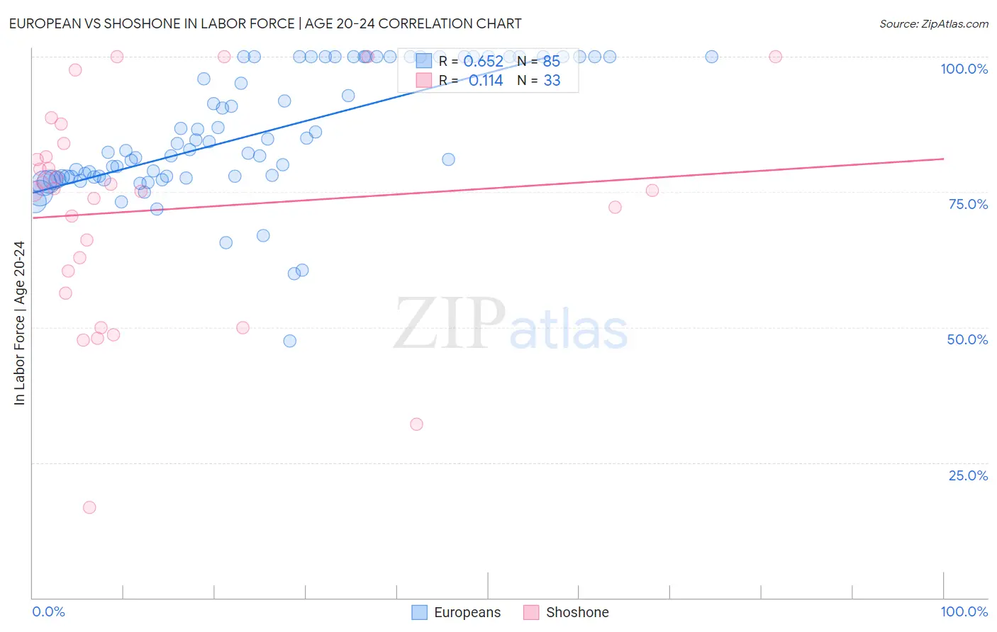European vs Shoshone In Labor Force | Age 20-24