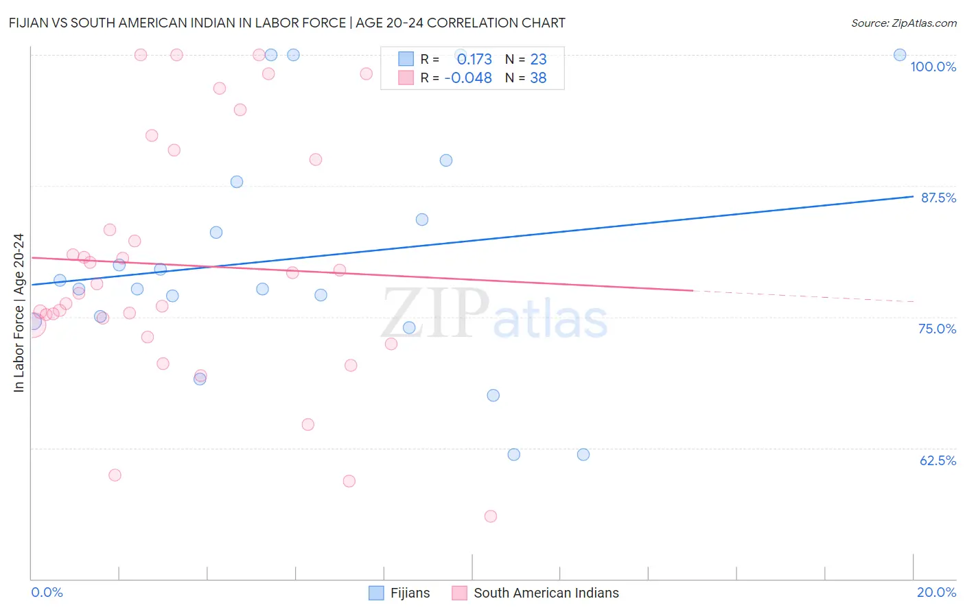 Fijian vs South American Indian In Labor Force | Age 20-24