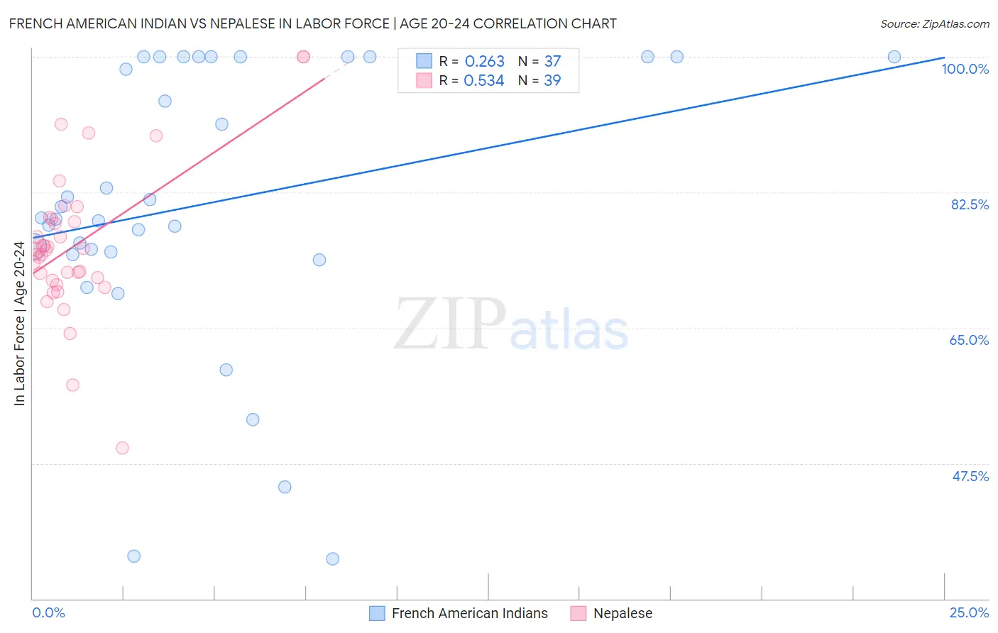French American Indian vs Nepalese In Labor Force | Age 20-24