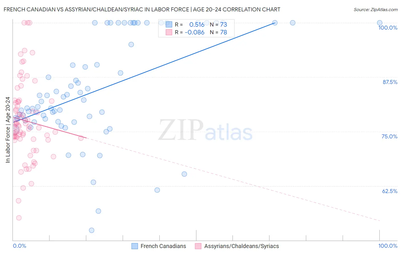 French Canadian vs Assyrian/Chaldean/Syriac In Labor Force | Age 20-24