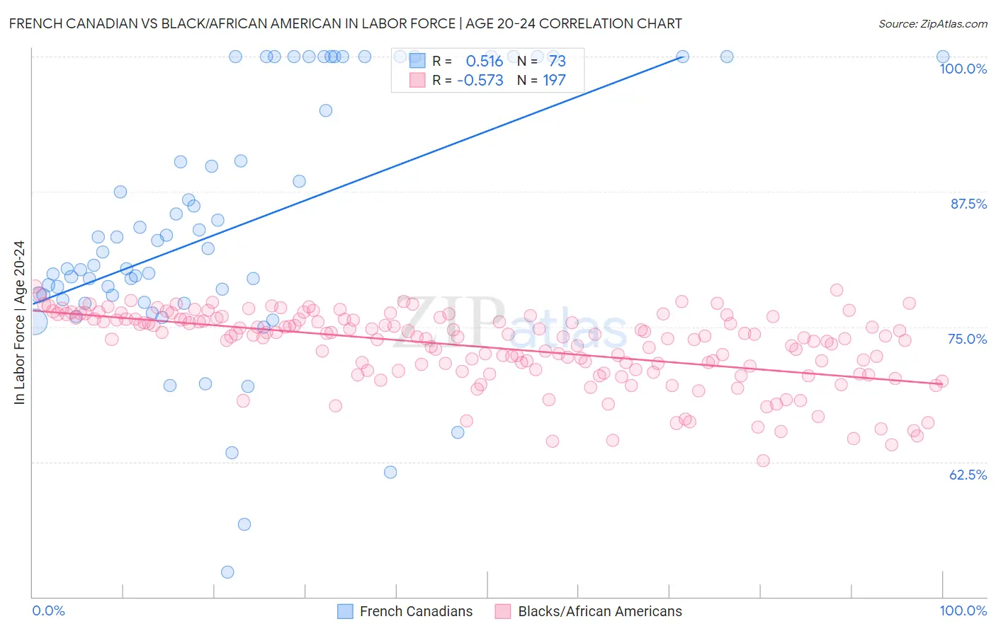 French Canadian vs Black/African American In Labor Force | Age 20-24