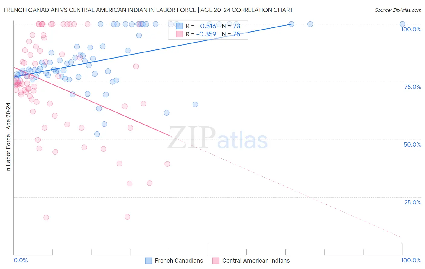 French Canadian vs Central American Indian In Labor Force | Age 20-24