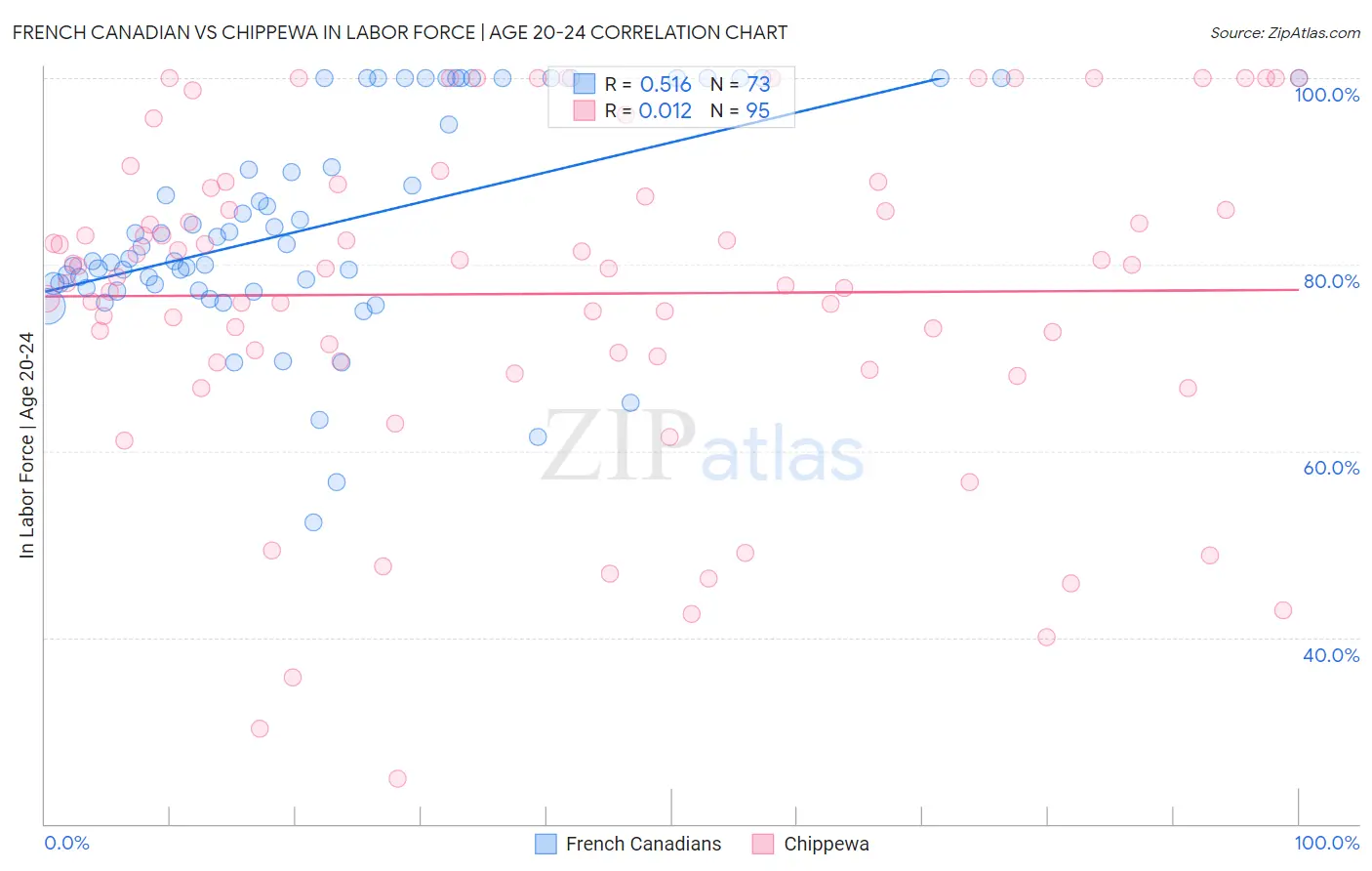 French Canadian vs Chippewa In Labor Force | Age 20-24