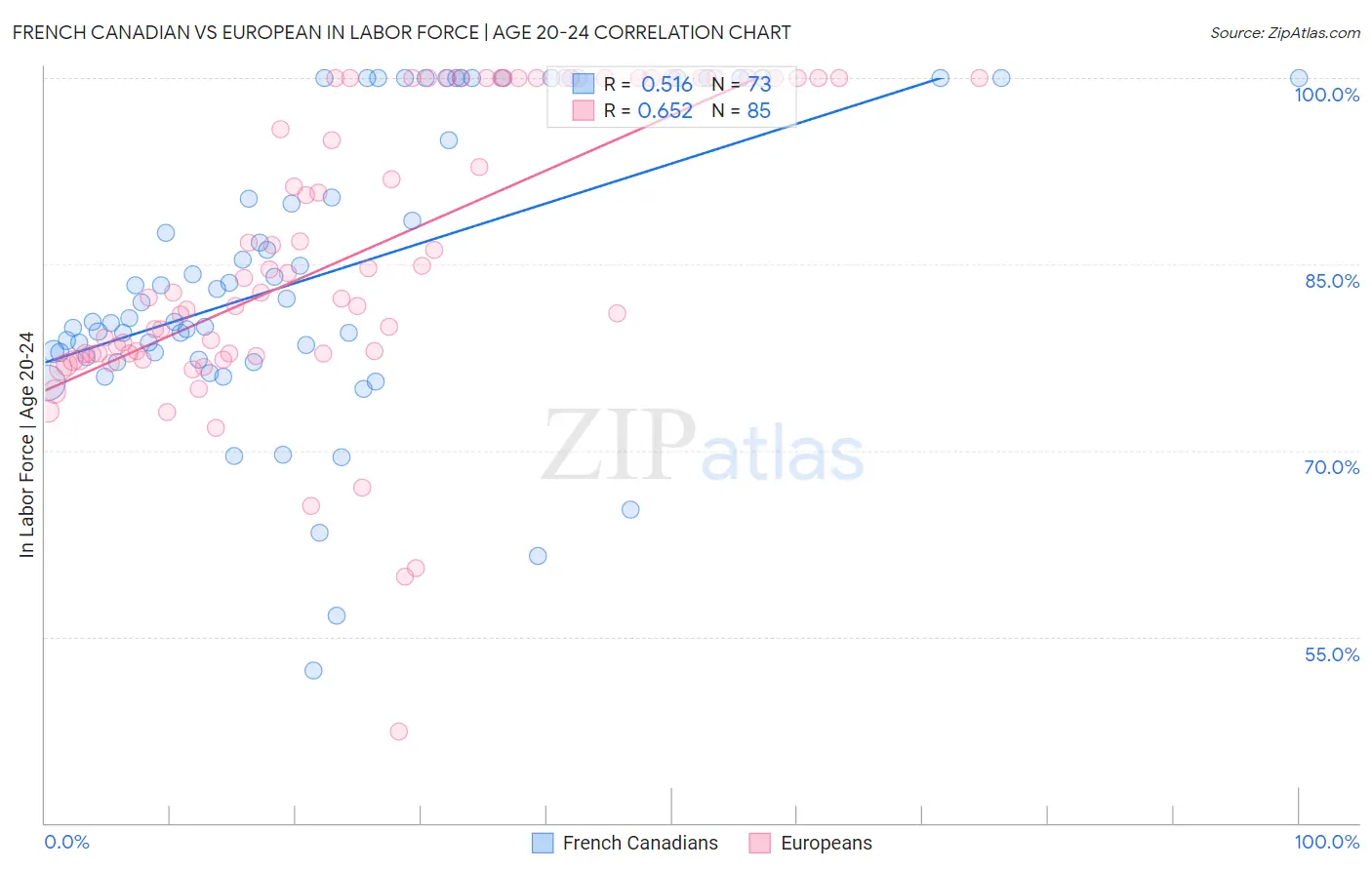 French Canadian vs European In Labor Force | Age 20-24