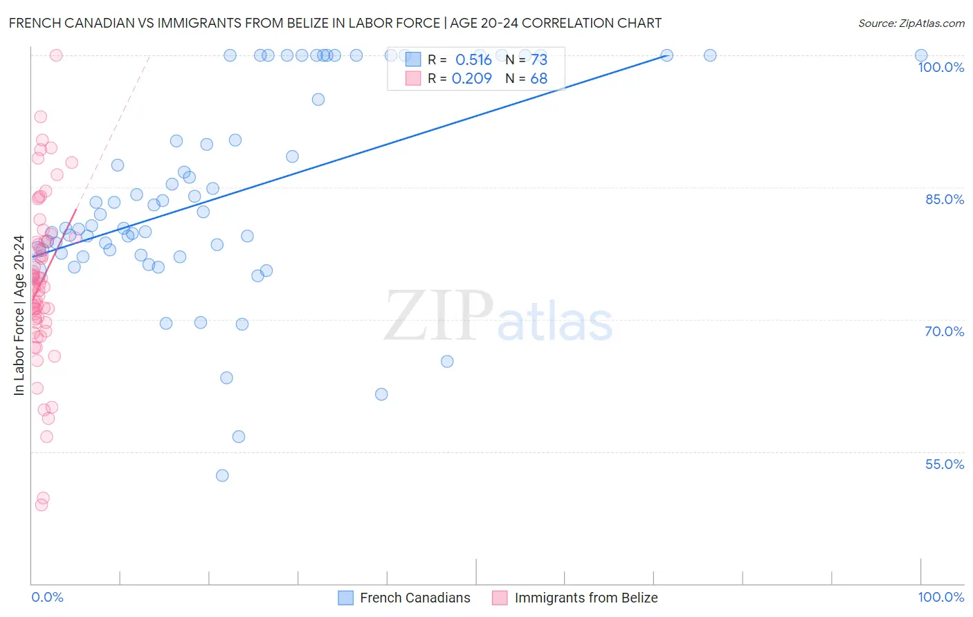 French Canadian vs Immigrants from Belize In Labor Force | Age 20-24