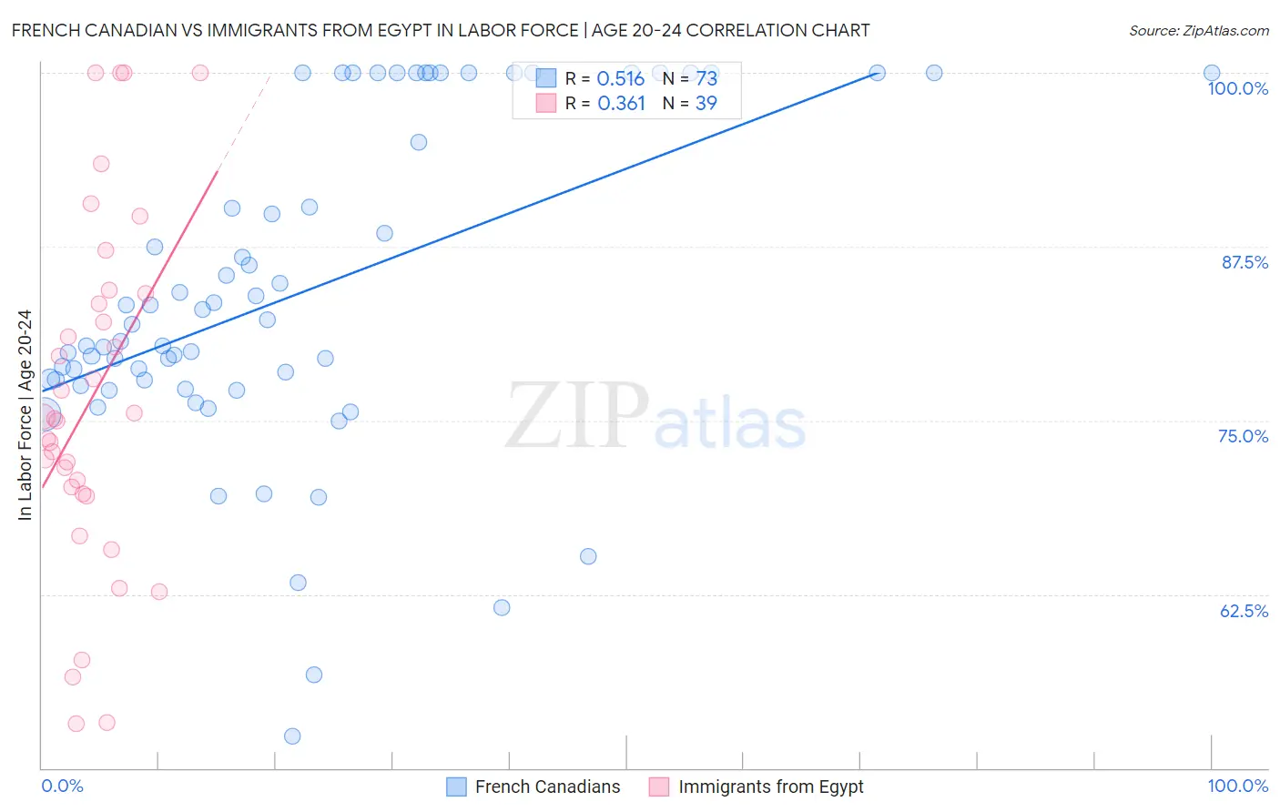 French Canadian vs Immigrants from Egypt In Labor Force | Age 20-24